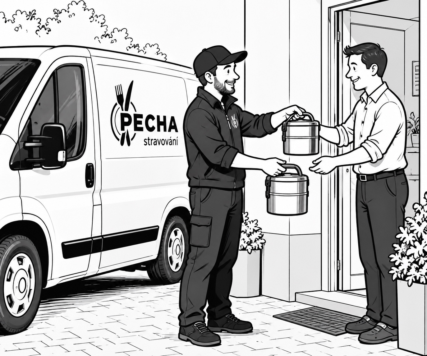 Řidič Stravování Pecha předává plný jídlonosič a přebírá prázdný
